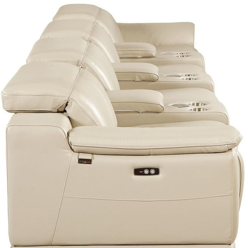 175" Beige Italian Leather Reclining Metal USB Sofa