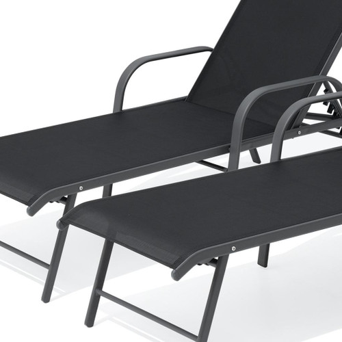 Set of Two Black Aluminum Six Position Adjustable Outdoor Chaise Lounges