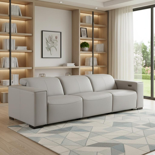 110" Light Gray Top Grain Leather Reclining Metal USB Sofa