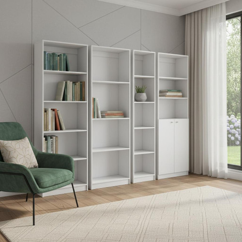 Set of Four White Wood Seventeen Tier Modular Bookcase with Two Doors
