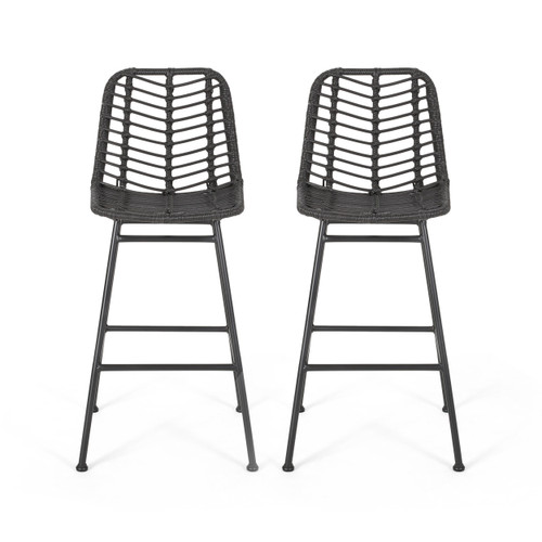 Set of Two 30" Gray Iron Outdoor Bar Height Chairs