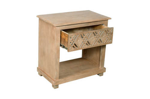 28" Natural Solid Wood Carved Geometric One Drawer Nightstand