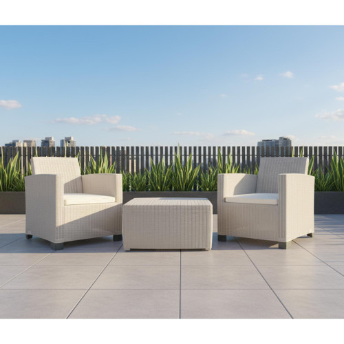Three Piece Taupe and Beige Plastic Upholstered Cushions Two Person Seating Group With Table