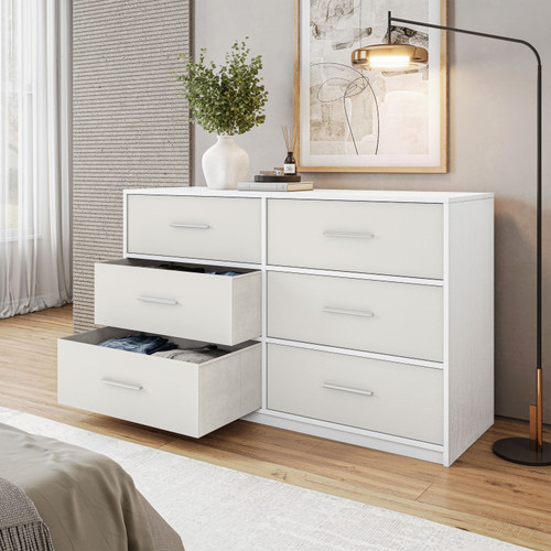 45" White Wood and Fabric Six Drawer Double Dresser