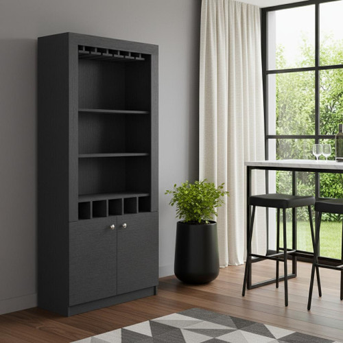 69" Black Wood Bar Cabinet With Two Doors