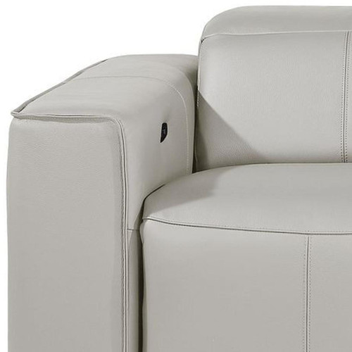 104" Light Gray Top Grain Leather Reclining Metal USB Sofa