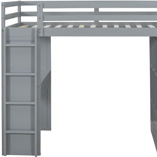 Gray Four Poster Wood Twin Loft Bed with Desk and Shelves