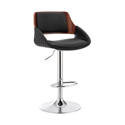 Homeroots Living Room Black Faux Leather Adjustable Bar Stool, Chrome Finish