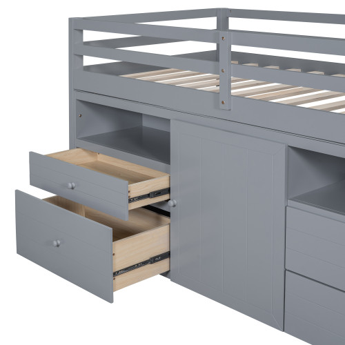 Gray Four Poster Wood Twin Loft Bed with Shelves