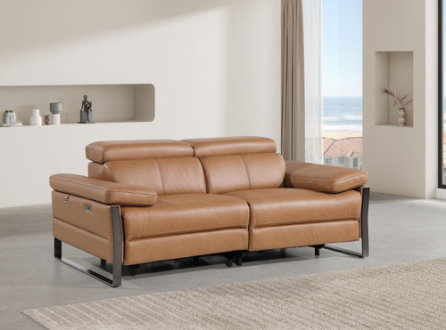 77" Chestnut and Black Italian Leather Power Reclining Loveseat