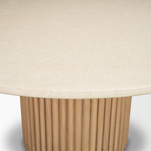 60" Beige and Brown Marble and Solid Wood Pedestal Base Round Top Dining Table