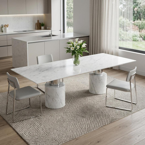 136" White Glass and Marble Double Pedestal Base Dining Table