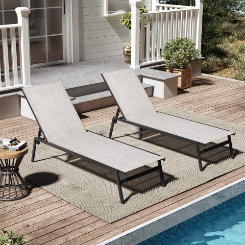 Set of Two Beige Steel Five Position Adjustable Outdoor Stacking Chaise Lounges