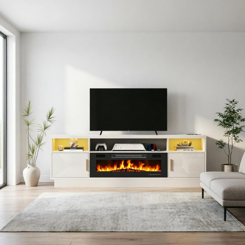 70" Black Wood Fireplace TV Stand With Fireplace