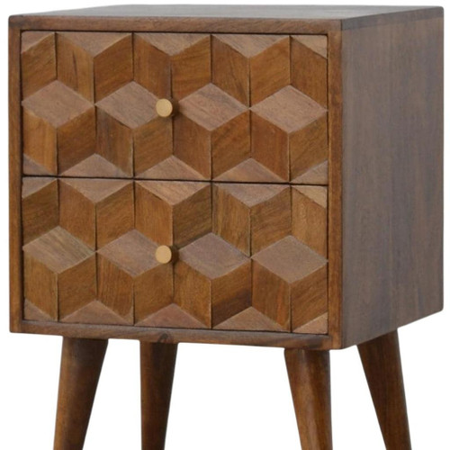 22" Chestnut Solid Wood Carved Geometric Two Drawer Nightstand