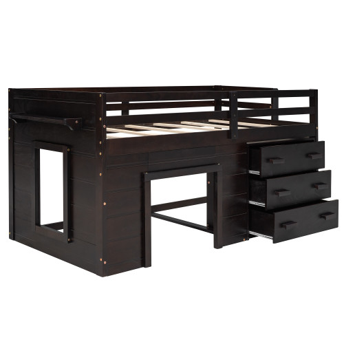 Espresso Four Poster Wood Twin Loft Bed With Drawers And Drawers, Shelf
