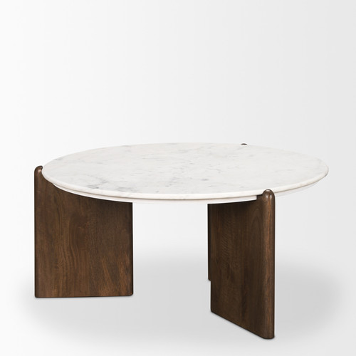 36" White and Brown Stone and Solid Wood Round Coffee Table