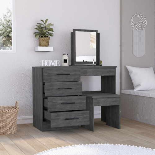 39" Gray Wood Mirrored Four Drawer Vanity Table