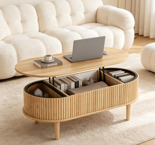 39" Natural Wood Oval Lift Top Solid Drum Coffee Table With Three Shelves