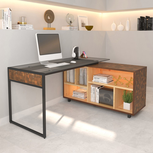 56" Brown and Natural Wood and Stainless Steel L Shape Sled Computer Desk