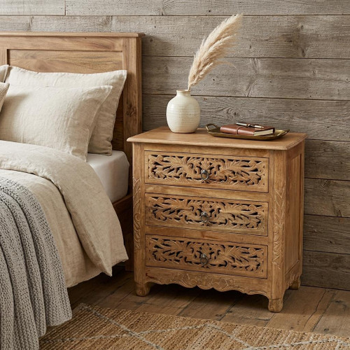 30" Brown Solid Wood Square Distressed Carved Floral Three Drawer Nightstand