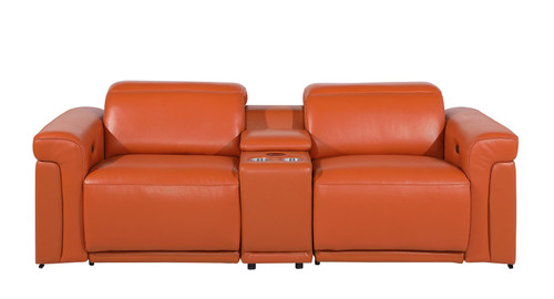 86" Orange and Black Italian Leather Power Reclining Loveseat With Storage