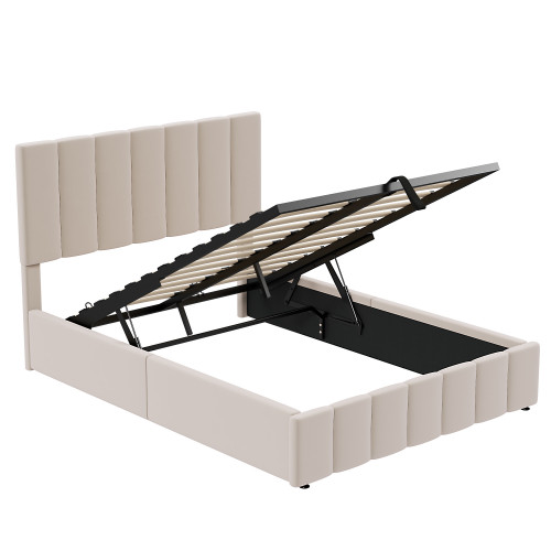 Beige Linen Upholstered Full Bed Frame