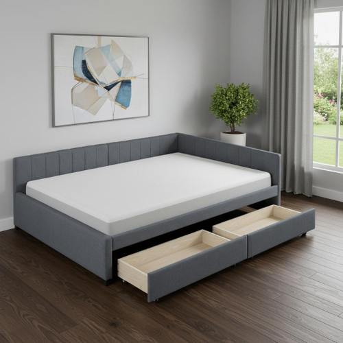 Gray Tufted Upholstered Full Day Bed With Drawers