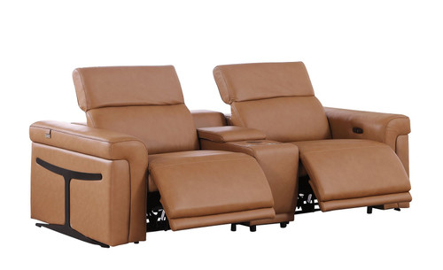 86" Chestnut and Black Italian Leather Power Reclining Loveseat With Storage