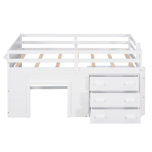 White Four Poster Wood Twin Loft Bed with Shelves