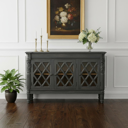 58" Dark Gray Distressed Solid Wood Carved Scrollwork Sideboard with Three Glass Doors