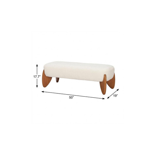 50" Ivory and Brown Fabric and Solid Wood Upholstered Bench