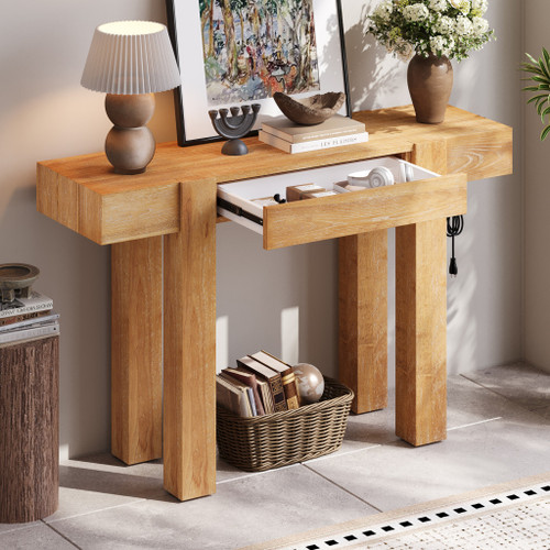 47" Natural Wood Console Table With Drawer