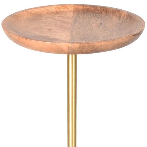 24" Brown and Gold Solid Wood and Aluminum Round Pedestal End Table