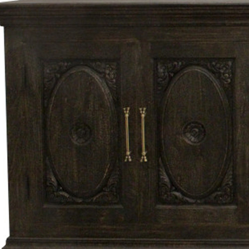 103" Black Distressed Solid Wood Carved Floral Sideboard with Six Doors