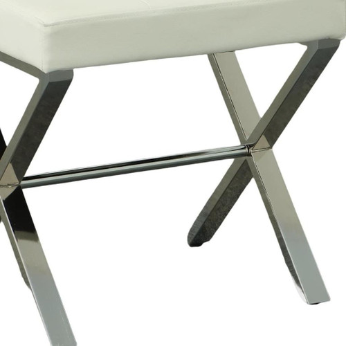 20" Off White and Silver Tufted Faux Leather and Metal Upholstered Bench