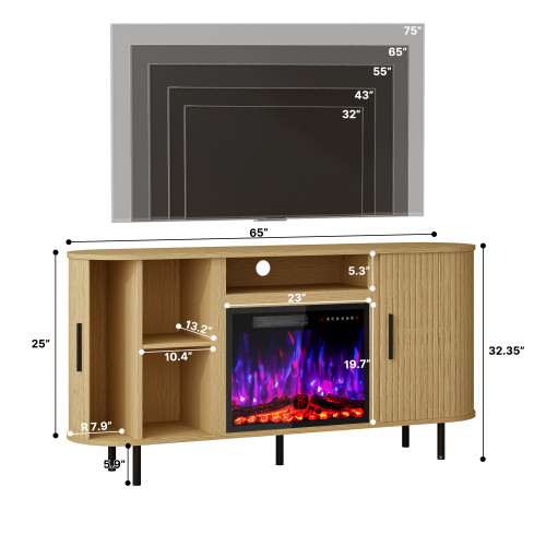 65" Beige Wood Fireplace TV Stand With Fireplace