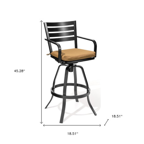 Set of Two 30" Black and Brown Aluminum Swivel Outdoor Bar Height Chairs