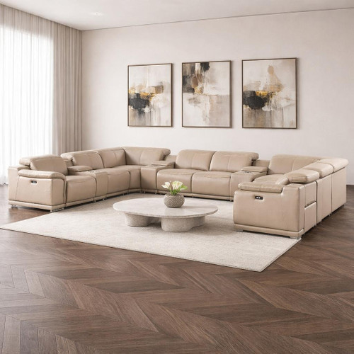 Beige Leather Power Reclining U Shaped Twelve Piece Corner Sectional With Console