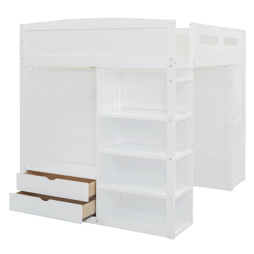 White Four Poster Wood Full Double Loft Bed with Desk and Shelves