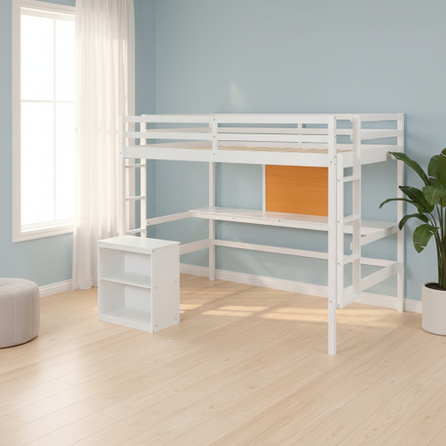 White Four Poster Wood Full Double Loft Bed with Desk and Shelves