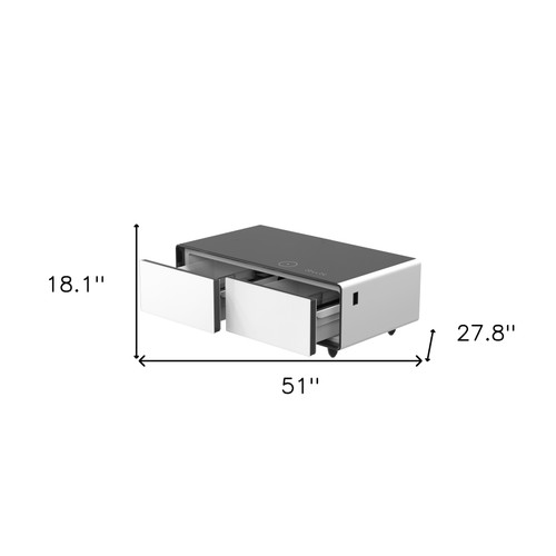 51" Black and White Glass and Acrylic Solid Coffee Table With Two Drawers