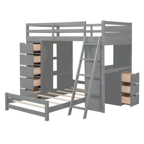 Gray Twin Over Twin Solid Wood Bunk Bed With Desk And Drawers And Storage