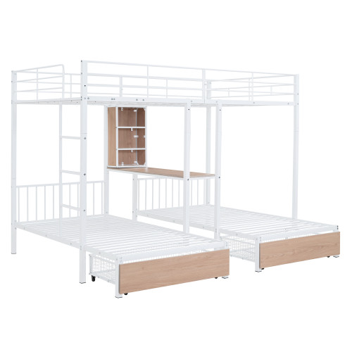 White Full Over Two Twins Metal Bunk Bed With Desk And Storage