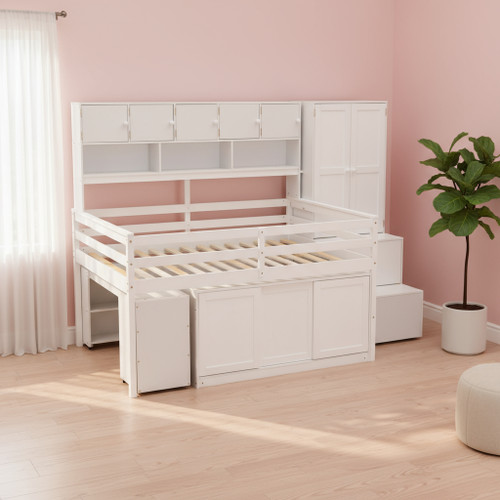 White Four Poster Wood Full Double Loft Bed with Stairs and Desk and Shelves