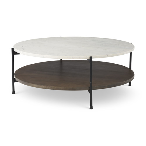 44" White and Brown Stone and Solid Wood Round Coffee Table