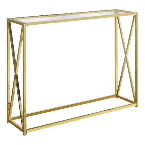 Homeroots 12" x 42.25" x 32.25" Gold Clear Metal Tempered Glass Accent Table