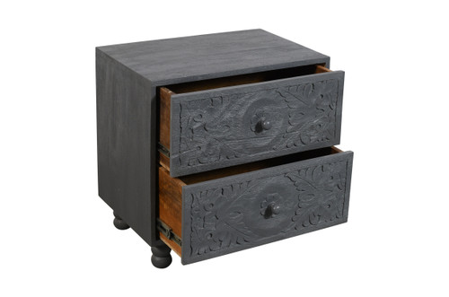 24" Gray Solid Wood Distressed Carved Scrollwork Two Drawer Nightstand