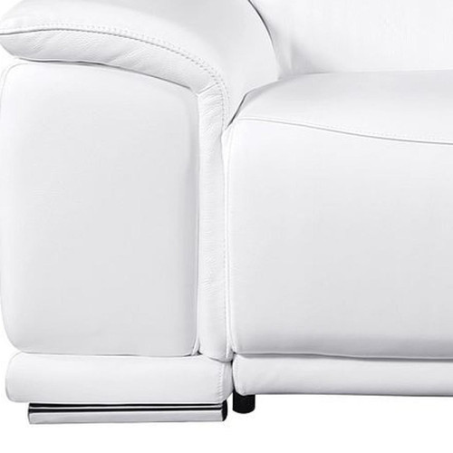 107" White and Silver Italian Leather Power Reclining Loveseat With Storage