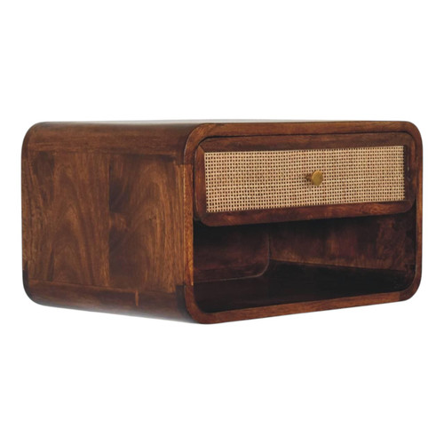 18" Chestnut And Natural Solid Wood Cane Rattan One Drawer Floating Nightstand